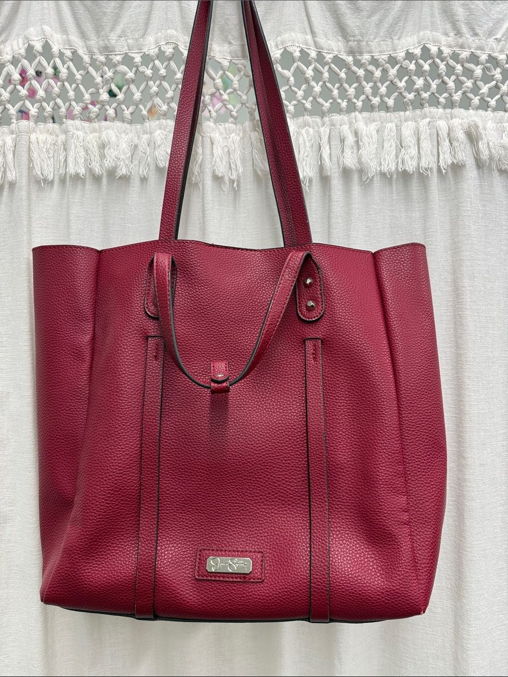Jessica Simpson Crimson Red Pebbled Faux Leather Tote Bag Shoulder Bag